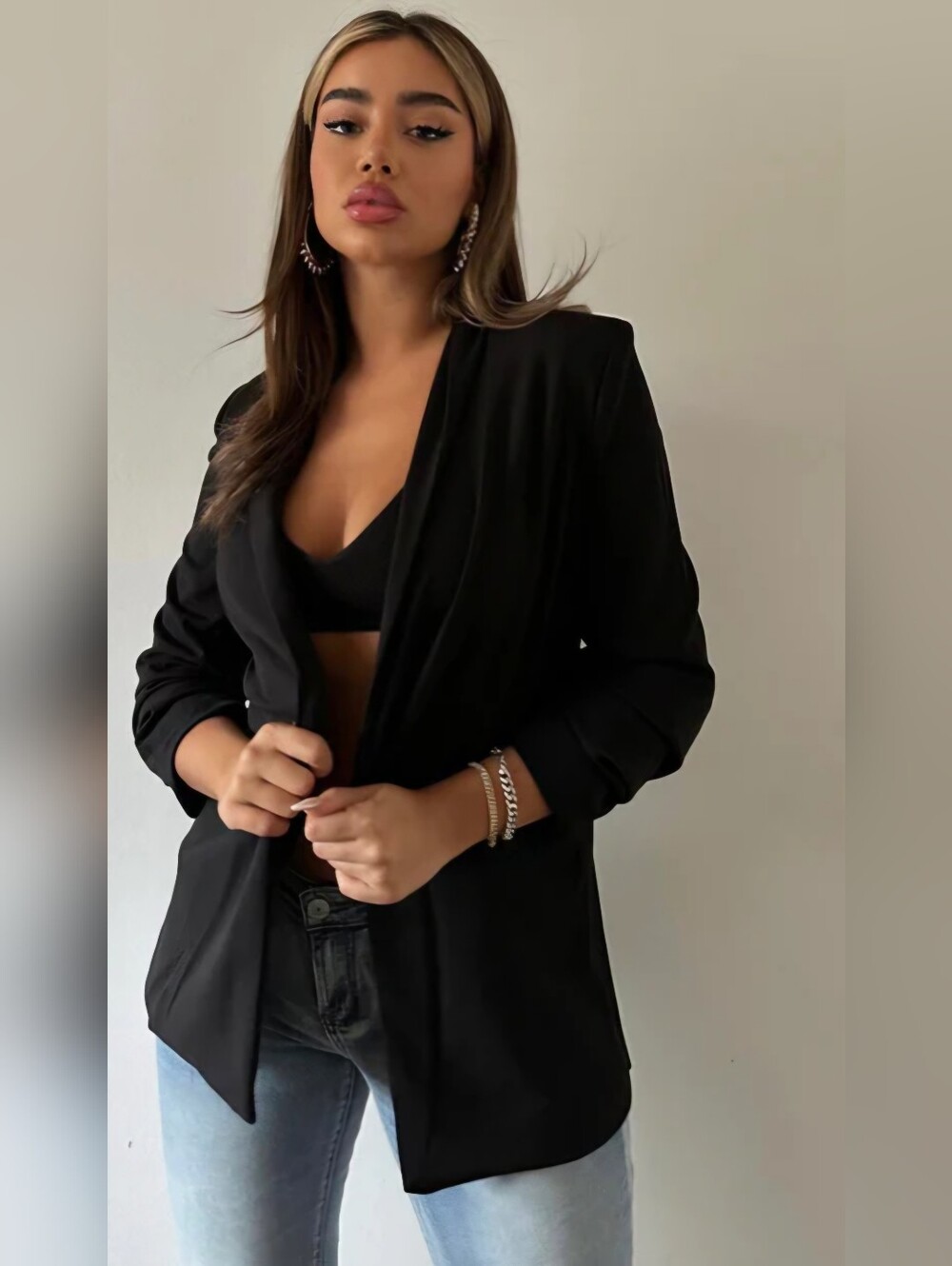 Blazer, 3/4 Ruched Sleeve, Faux Front Pocketd